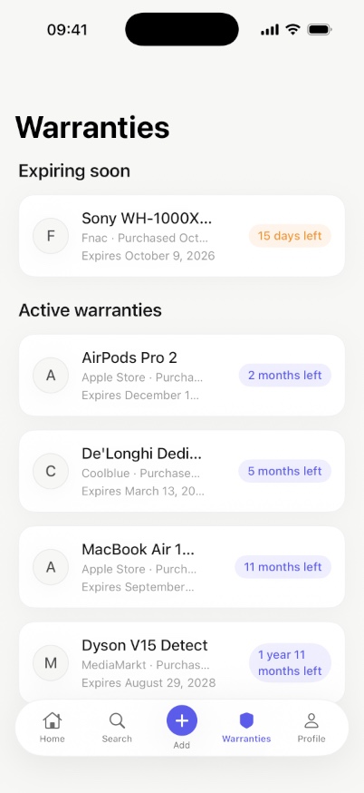 Tickemy Warranties screen listing warranties expiring soon and active warranties